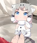  1girl against_glass animal_ears blue_eyes blush detached_sleeves eyebrows_visible_through_hair glass hands highres kemono_friends looking_up makuran pallas&#039;s_cat_(kemono_friends) photo-referenced scarf tareme 