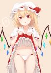  1girl ? ass_visible_through_thighs bangs beige_background blonde_hair blush bow collarbone commentary_request cowboy_shot crystal eyebrows_visible_through_hair flandre_scarlet frilled_shirt_collar frills groin hair_between_eyes hat hat_bow highres lifted_by_self long_hair looking_at_viewer miyo_(ranthath) mob_cap navel one_side_up panties parted_lips petticoat puffy_short_sleeves puffy_sleeves red_bow red_eyes red_skirt red_vest shirt short_sleeves simple_background skirt skirt_lift solo spoken_question_mark standing stomach thighs touhou underwear vest white_headwear white_panties white_shirt wings 