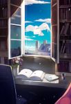  bird blue_sky book bookshelf chair city day envelope flower highres nagishiro_mito no_humans open_book open_window original petals red_bull sky vase wind window 