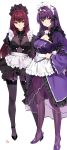  2girls absurdres bangs blush breasts closed_mouth covered_navel dress dual_persona fate/grand_order fate_(series) hair_between_eyes highres large_breasts long_hair looking_at_viewer multiple_girls purple_hair red_eyes scathach_(fate)_(all) scathach_(fate/grand_order) scathach_skadi_(fate/grand_order) simple_background smile tiara white_background yang-do 