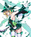  1girl absurdres akatsuki_kirika blonde_hair blush breasts commentary_request covered_navel elbow_gloves gloves green_eyes green_skirt headgear highres leotard looking_at_viewer medium_breasts niyu_n_iyun open_mouth scythe senki_zesshou_symphogear shiny shiny_hair shiny_skin short_hair sideboob skin_tight skirt smile solo striped striped_legwear teeth white_gloves 