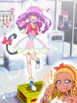  2girls amamiya_erena blonde_hair cat_tail double_bun green_eyes long_hair mao_(precure) microphone multiple_girls precure purple_hair star_twinkle_precure tail tan tj-type1 translation_request violet_eyes yuni_(precure) 