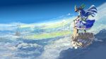 1girl above_clouds bangs black_headwear blue_hair blue_skirt blue_sky boots bow brown_footwear clouds commentary_request day floating_hair floating_island food from_behind fruit grey_bow hat highres hinanawi_tenshi keystone leaf long_hair mountain outdoors peach petals petticoat planted_sword planted_weapon puffy_short_sleeves puffy_sleeves red_eyes rock rope scenery shide shimenawa shirt shope short_sleeves skirt sky solo standing sword sword_of_hisou touhou very_long_hair weapon white_shirt wind