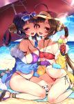  2girls :d ahoge asymmetrical_docking azur_lane ball bandeau bangs bare_legs bare_shoulders beach beach_mat beach_umbrella beachball bikini black_choker blue_jacket blue_sky blush breast_press breasts brown_hair cheek-to-cheek choker clouds collarbone commentary_request day eyebrows_visible_through_hair eyewear_on_head feet_out_of_frame food fur-trimmed_jacket fur_trim gloves groin hair_rings halterneck hand_up highres holding holding_food ice_cream jacket large_breasts long_hair long_sleeves looking_at_viewer mirei multiple_girls navel ning_hai_(azur_lane) o-ring o-ring_bikini ocean off_shoulder open_clothes open_jacket open_mouth outdoors ping_hai_(azur_lane) popsicle purple_bikini purple_gloves purple_hair red_eyes red_gloves sandals side-tie_bikini sidelocks sitting sky small_breasts smile stomach stuffed_animal stuffed_panda stuffed_toy sunglasses sweat swimsuit thighs twintails umbrella very_long_hair violet_eyes visor_cap wariza yellow_jacket 