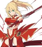  1girl bare_shoulders blonde_hair braid breasts commentary_request energy eyebrows_visible_through_hair fate/grand_order fate_(series) green_eyes hair_ornament hair_scrunchie holding holding_sword holding_weapon long_hair looking_at_viewer mordred_(fate) mordred_(fate)_(all) navel ponytail red_scrunchie scrunchie shiseki_hirame simple_background smile solo sword weapon white_background 