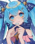  1girl :3 ahoge aqua_nails bare_shoulders beamed_eighth_notes bow bowtie close-up commentary detached_sleeves diamond-shaped_pupils hair_bow hair_ornament hairclip hands_up hatsune_miku heridy highres long_hair looking_at_viewer musical_note nail_polish portrait smile snowflake_print solo staff_(music) star star_hair_ornament symbol-shaped_pupils symbol_commentary treble_clef twintails very_long_hair vocaloid x_fingers yuki_miku yuki_miku_(2017) 