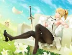  1girl artoria_pendragon_(all) bangs bare_shoulders black_legwear black_ribbon blonde_hair blush braid breasts commentary_request cosplay eyebrows_visible_through_hair fate/grand_order fate_(series) flower gloves green_eyes hair_ornament hair_scrunchie highres kunaboto long_hair looking_at_viewer mordred_(fate) mordred_(fate)_(all) outdoors pantyhose parted_bangs ponytail red_scrunchie ribbon scrunchie shoes sitting solo solo_focus sword weapon white_flower white_gloves 