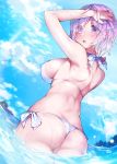  1girl absurdres arm_up ass bangs bare_arms bare_shoulders bikini blue_sky blush breasts clouds cloudy_sky commentary_request day eyebrows_visible_through_hair fate/grand_order fate_(series) from_behind halterneck hand_on_own_head highres kanola_u large_breasts looking_at_viewer looking_back mash_kyrielight open_mouth outdoors partially_submerged pink_hair shiny shiny_hair shiny_skin short_hair side-tie_bikini sideboob sky solo sparkle sunlight swimsuit thighs thong thong_bikini water water_drop wet white_bikini 