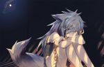  1girl ahoge animal_ears bare_shoulders chain closed_mouth fox_girl frown grey_eyes hair_between_eyes long_hair moon moonlight original prison sachimaa scar sitting solo stone tail torn_clothes white_hair white_tail window 