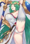  1girl bare_shoulders blush breasts dress green_eyes green_hair highres jewelry kid_icarus large_breasts long_hair looking_at_viewer negresco open_mouth palutena panties sandals simple_background single_thighhigh smile solo spread_legs super_smash_bros. thigh-highs tiara underwear very_long_hair wings 