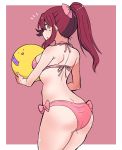  1girl :o ass back ball beachball bikini bow bow_bikini commentary cowboy_shot from_side hair_bow highres holding holding_ball kumaneko_(kumaneko1138) long_hair looking_at_viewer looking_back love_live! love_live!_sunshine!! notice_lines outside_border parted_lips pink_background pink_bikini pink_bow redhead sakurauchi_riko simple_background solo standing swimsuit thighs yellow_eyes 