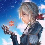  1girl anonamos blonde_hair blue_eyes blue_jacket blue_sky braid brooch clouds crying crying_with_eyes_open english_commentary from_side hair_between_eyes hair_intakes hair_ribbon highres jacket jewelry kyoto_animation mechanical_hand mechanical_hands prosthesis prosthetic_arm prosthetic_hand red_ribbon ribbon sky star_(sky) starry_sky tears violet_evergarden violet_evergarden_(character) white_neckwear 