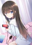  1girl bangs barefoot bed blanket brown_hair brush closed_mouth curtains eyebrows_visible_through_hair hair_between_eyes hair_dryer highres holding ipad long_hair long_sleeves looking_at_viewer looking_back on_bed original sitting solo straight_hair tablet_pc very_long_hair yukarite 