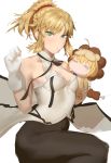  1girl ahoge artoria_pendragon_(all) bare_shoulders black_ribbon blonde_hair blush braid breasts commentary_request cosplay fate/grand_order fate_(series) food gloves green_eyes hair_ornament hair_scrunchie kunaboto long_hair looking_at_viewer medium_breasts mordred_(fate) mordred_(fate)_(all) pantyhose ponytail red_scrunchie ribbon scrunchie simple_background solo v-shaped_eyebrows white_background white_gloves 
