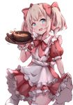  1girl :d apron blush bow bowl collared_dress commentary_request cowboy_shot dress food frilled_apron frilled_dress frills hair_bow hakuya_(white_night) hand_up holding latina_(uchi_no_musume_no_tame_naraba) light_brown_hair maid_apron open_mouth pleated_dress puffy_short_sleeves puffy_sleeves red_bow red_dress short_sleeves simple_background skirt_hold smile solo spoon thigh-highs twintails uchi_no_musume_no_tame_naraba_ore_wa_moshikashitara_maou_mo_taoseru_kamo_shirenai. white_apron white_background white_legwear 