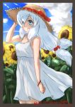 1girl :d bangs bare_arms bare_shoulders blue_eyes blue_sky border bracelet clouds commentary_request dated day dress eromanga_sensei eyebrows_visible_through_hair flower hand_on_headwear hand_up hat hat_ribbon highres izumi_sagiri jewelry long_hair looking_at_viewer low-tied_long_hair open_mouth outdoors red_ribbon ribbon signature sky sleeveless sleeveless_dress smile solo sun_hat sunflower thick_eyebrows twitter_username white_dress white_hair yonaka-nakanoma 