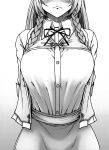  1girl :&lt; arms_behind_back belt blush braid breasts chinese_clothes collared_shirt commentary commentary_request embarrassed gradient gradient_background greyscale hong_meiling jewelry koyubi_(littlefinger1988) large_breasts long_hair monochrome necklace no_eyes noren shirt simple_background sleeves_rolled_up solo tangzhuang touhou twin_braids unbuttoned upper_body 