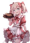  1girl :d apron blush bow bowl collared_dress cowboy_shot dress food frilled_apron frilled_dress frills hair_bow hakuya_(white_night) hand_up highres holding latina_(uchi_no_musume_no_tame_naraba) light_brown_hair maid_apron open_mouth pleated_dress puffy_short_sleeves puffy_sleeves red_bow red_dress short_sleeves simple_background skirt_hold smile solo spoon thigh-highs twintails uchi_no_musume_no_tame_naraba_ore_wa_moshikashitara_maou_mo_taoseru_kamo_shirenai. white_apron white_background white_legwear 