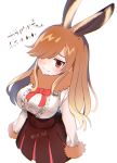  1girl animal_ears blush bow bowtie breasts brown_eyes brown_hair commentary_request european_hare_(kemono_friends) highres ichi_0w0 kemono_friends large_breasts long_hair one_eye_covered pleated_skirt rabbit signature skirt translated white_background 