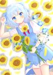  1girl arm_up bangs blue_dress blue_eyes blue_hair blurry blush bow cirno commentary_request depth_of_field dress drop_shadow eyebrows_visible_through_hair feet_out_of_frame floral_background flower hair_bow holding holding_flower looking_at_viewer lying morning_glory nibosisuzu on_back petals pinafore_dress plant puffy_short_sleeves puffy_sleeves shirt short_hair short_sleeves smile solo sunflower touhou vines white_background white_shirt wings 