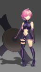  1girl absurdres armor armored_dress artist_request asymmetrical_legwear bare_shoulders black_dress black_gloves boots breasts commentary_request dress elbow_gloves fate/grand_order fate_(series) full_body gloves hair_over_one_eye highres holding_shield lavender_hair looking_at_viewer mash_kyrielight navel purple_gloves purple_hair shield short_hair smile solo violet_eyes 