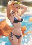  1girl armpits arms_behind_head bare_shoulders bikini blonde_hair blue_bikini blue_eyes blurry blurry_background breasts choker earrings english_commentary eyewear_on_head hair_tie halterneck high_ponytail highres jewelry large_breasts metroid navel ocean partially_submerged ponytail raikoart samus_aran shore side-tie_bikini stomach swimsuit water 