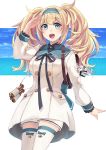  1girl backpack bag binoculars blonde_hair blue_eyes blue_hairband breasts commentary_request cowboy_shot dress enemy_lifebuoy_(kantai_collection) escort_water_hime gambier_bay_(kantai_collection) hairband highres ido_(teketeke) kantai_collection large_breasts open_mouth sailor_dress salute shinkaisei-kan smile solo thigh-highs twintails upper_teeth white_dress white_legwear 