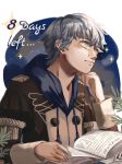  ... 1boy artist_name ashe_duran blue_hair book countdown fire_emblem fire_emblem:_three_houses freckles green_eyes highres leaf male_focus solo star_(sky) teeth white_background 