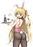  1girl alcohol animal_ears ass backless_outfit bangs bare_shoulders bell bell_collar black_legwear blonde_hair blue_eyes bottle bunny_girl bunnysuit collar cork corkscrew cup drinking_glass fake_animal_ears fang fishnet_pantyhose fishnets from_behind hair_ribbon highres holding holding_tray hop3 leotard long_hair looking_at_viewer open_mouth original pantyhose pink_ribbon pointing rabbit_ears ribbon side_ponytail sidelocks simple_background solo standing tray twisted_torso very_long_hair white_background wine wine_bottle wine_glass wrist_cuffs 