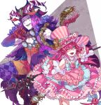  1boy 1girl argyle argyle_legwear aves_plumbum9 blue_eyes blue_lipstick bow bowtie chest commentary_request cuffs dragon_tail dress dress_flower elizabeth_bathory_(fate) elizabeth_bathory_(fate)_(all) facepaint fangs fate/grand_order fate_(series) flower frilled_dress frills fur_trim gloves hand_up hat hat_ornament horns jester leaf leg_up lipstick long_hair looking_at_viewer makeup mephistopheles_(fate/grand_order) multicolored multicolored_eyes one_eye_closed open_clothes open_mouth open_shirt pantyhose pig pink_eyes pink_hair pointy_ears purple_hair rose sarkany_csont_landzsa smile smug squirrel striped striped_dress striped_hat tail time_bomb top_hat v violet_eyes 