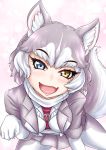  1girl :d animal_ear_fluff animal_ears belt blue_eyes blush commentary_request dog_(mixed_breed)_(kemono_friends) dog_ears dog_tail eyebrows_visible_through_hair fang gloves grey_hair grey_jacket heterochromia highres jacket kemono_friends looking_at_viewer multicolored_hair open_mouth pantyhose paw_pose short_hair skin_fang skirt smile solo tail takkutin_omega two-tone_hair white_gloves white_hair yellow_eyes 