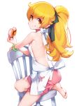  1girl :t ataruman backless_outfit bakemonogatari bare_back bare_legs bare_shoulders barefoot black_ribbon blonde_hair chair commentary_request doughnut eating food hair_ornament highres long_hair looking_at_viewer monogatari_(series) orange_eyes oshino_shinobu pink_shorts pointy_ears ponytail ribbon shorts simple_background smile solo white_background 