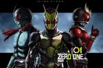  3boys antennae armor belt character_name chunk-san compound_eyes full_armor helmet kamen_rider kamen_rider_(series) kamen_rider_01_(series) kamen_rider_1 kamen_rider_kuuga kamen_rider_kuuga_(series) kamen_rider_zero-one male_focus multiple_boys red_eyes scarf thumbs_up 