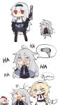  4girls beret english_text g36_(girls_frontline) g36c_(girls_frontline) girls_frontline gloves gun hair_dryer handgun hat highres hitting laughing maid maid_headdress multiple_girls no_mouth siblings sisters speech_bubble thunder_(girls_frontline) weapon xm8_(girls_frontline) zocehuy 