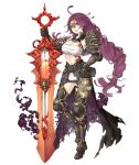  1girl :d ahoge armored_boots boots braid breasts cape dorothy_(sinoalice) full_body gauntlets glasses grey_eyes hair_ornament hairclip hand_on_hip holding holding_weapon huge_weapon ji_no large_breasts long_hair looking_at_viewer mask mask_removed messy_hair midriff official_art open_mouth over-rim_eyewear pouch purple_hair sarong semi-rimless_eyewear shoulder_armor sinoalice smile smoke solo sword tattoo thigh-highs thigh_boots torn_cape torn_clothes transparent_background very_long_hair vial waist_cape weapon welding_mask 