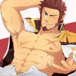  1boy armpits bara beard blue_eyes blush body_hair brown_hair chest epaulettes facial_hair fate/grand_order fate_(series) hand_on_own_head highres long_sleeves looking_at_viewer male_focus military muscle napoleon_bonaparte_(fate/grand_order) nipples one_eye_closed open_clothes pants pectorals scar seductive_smile simple_background smile smirk solo sweatdrop zifuuuun 