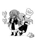  2girls bag_removed black_dress candy candy_apple dress eyebrows_visible_through_hair feelition food girls_frontline hair_between_eyes hair_ribbon korean_text long_hair monochrome multiple_girls ribbon side_ponytail translation_request twintails ump45_(girls_frontline) ump9_(girls_frontline) white_dress younger 