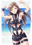  1girl :o arm_strap armpits arms_up bangs bare_shoulders beach blue_sky blush breasts brown_eyes brown_hair character_name clenched_hands clouds collarbone commentary_request cowboy_shot dated day dutch_angle eyebrows_visible_through_hair floating_hair happy_birthday highres horizon hot_limit idolmaster idolmaster_cinderella_girls large_breasts long_hair looking_at_viewer nitta_minami ocean open_mouth revealing_clothes shiny shiny_clothes shiny_hair signature sky solo standing sweat swept_bangs t.m.revolution tareme thigh_strap under_boob wristband yoohi 