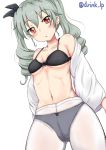  1girl :o anchovy ass_visible_through_thighs bangs black_bra black_panties black_ribbon blush bow bow_bra bow_panties bra breasts commentary cowboy_shot crotch_seam drill_hair dutch_angle fuyunoyukino girls_und_panzer green_hair hair_ribbon head_tilt highres long_hair looking_at_viewer medium_breasts navel off_shoulder panties panties_under_pantyhose pantyhose parted_lips red_eyes ribbon shirt shirt_pull simple_background skindentation solo standing thighs twin_drills twintails twitter_username underwear underwear_only undressing white_background white_shirt 