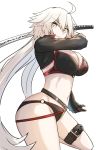  1girl ahoge bikini black_bikini black_gloves breasts commentary_request fate/grand_order fate_(series) gin_moku gloves highres holding holding_sword holding_weapon jeanne_d&#039;arc_(alter_swimsuit_berserker) jeanne_d&#039;arc_(fate)_(all) large_breasts leg_belt long_hair long_sleeves looking_at_viewer navel o-ring o-ring_bikini parted_lips shrug_(clothing) silver_hair simple_background solo swimsuit sword teeth very_long_hair weapon white_background yellow_eyes 