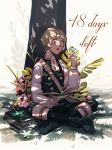  1boy artist_name blonde_hair blush book boots bug butterfly countdown fire_emblem fire_emblem:_three_houses flower glasses grass highres ignatz_victor insect leaf male_focus open_mouth sitting solo teeth tree yellow_eyes 