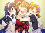  3girls apron bangs blue_hair blush closed_eyes closed_mouth commentary_request eyebrows_visible_through_hair girl_sandwich grey_hair hair_between_eyes hug kousaka_honoka long_hair love_live! love_live!_school_idol_festival love_live!_school_idol_project maid maid_apron maid_headdress minami_kotori mofun multiple_girls one_side_up open_mouth orange_hair sandwiched smile sonoda_umi yellow_eyes 