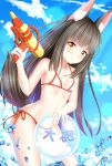  &gt;:) 1girl absurdres animal_ear_fluff animal_ears azur_lane ball bare_arms bare_legs bare_shoulders beachball bikini black_hair blue_sky breasts chinese_commentary clouds collarbone commentary_request cowboy_shot day denfunsan eyebrows_visible_through_hair fox_ears fox_tail highres hime_cut holding holding_ball holding_water_gun long_hair looking_at_viewer nagato_(azur_lane) outdoors sky small_breasts smile smug solo standing straight_hair string_bikini swimsuit tail trigger_discipline wading water water_drop water_gun white_bikini yellow_eyes 