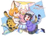  3girls :d ;d ^_^ animal_ear_fluff animal_ears bare_shoulders black_hair black_neckwear black_skirt blonde_hair blush boots bow bowtie brown_eyes chibi closed_eyes commentary common_raccoon_(kemono_friends) elbow_gloves extra_ears fang fennec_(kemono_friends) fox_ears fox_tail girl_sandwich gloves grey_hair hand_on_another&#039;s_head highres hug kemono_friends motomiya_kana multicolored_hair multiple_girls one_eye_closed open_mouth print_gloves print_legwear print_neckwear print_skirt puffy_short_sleeves puffy_sleeves raccoon_ears raccoon_tail rakugakiraid sandwiched seiyuu_connection serval_(kemono_friends) serval_ears serval_print serval_tail shirt short_hair short_sleeves simple_background skirt sleeveless sleeveless_shirt smile tail thigh-highs translation_request white_background white_hair white_skirt yellow_neckwear 