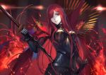  1girl black_bodysuit bodysuit breasts cape commentary_request fate/grand_order fate_(series) fire hair_over_one_eye holding holding_sword holding_weapon long_hair looking_at_viewer maekawa_yuichi medium_breasts oda_nobunaga_(maou_avenger)_(fate) red_cape red_eyes redhead solo sword weapon 