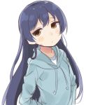  1girl bangs blue_hair blush closed_mouth commentary_request eyebrows_visible_through_hair hair_between_eyes long_hair long_sleeves looking_at_viewer love_live! love_live!_school_idol_project simple_background solo sonoda_umi standing totoki86 white_background 