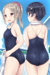  2girls :d ass bangs bare_arms bare_shoulders black_hair black_swimsuit blue_sky blush brown_hair closed_mouth clouds collarbone commentary_request competition_school_swimsuit day eyebrows_visible_through_hair from_behind hair_ornament hair_scrunchie hairclip highres holding holding_towel looking_at_viewer looking_to_the_side mizunashi_kenichi mountainous_horizon multiple_girls open_mouth original outdoors parted_bangs poolside profile scrunchie short_hair silver_hair skindentation sky smile swimsuit thigh_gap towel towel_around_neck violet_eyes water wet 