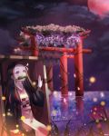  1girl box brown_hair clouds gradient_hair hair_ribbon haori highres japanese_clothes kamado_nezuko kimetsu_no_yaiba kimi_(jxrm5387) kimono long_hair long_sleeves moon multicolored_hair night night_sky outdoors petals pink_kimono print_kimono purple_sky red_moon redhead ribbon sitting sky solo torii very_long_hair violet_eyes white_ribbon 