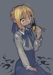  1girl artoria_pendragon_(all) bangs beetle blonde_hair braid braided_bun bug chopsticks collared_shirt eating emiya-san_chi_no_kyou_no_gohan fate/stay_night fate_(series) flat_chest green_eyes grey_background hair_bun highres insect long_sleeves open_mouth saber sharp_teeth shirt simple_background sitting solo teeth tekito03 type-moon what 