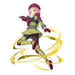  1girl black_pants boots full_body gloves green_footwear green_jacket gun hair_ornament hairclip hat highres holding holding_gun holding_weapon jacket leg_up lisbeth looking_at_viewer military_jacket official_art one_eye_closed pants pink_eyes pink_hair red_gloves red_headwear rifle short_hair solo sword_art_online thigh-highs thigh_boots transparent_background weapon 